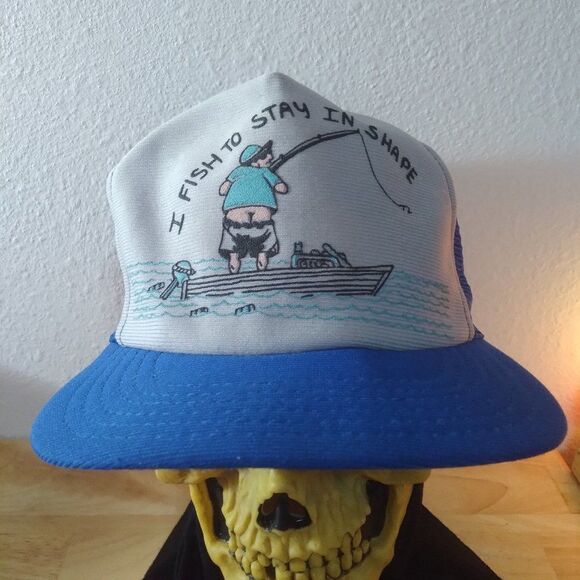 Vintage Fishing To Stay In Shape Joke Gag Trucker Hat - Picture 1 of 5